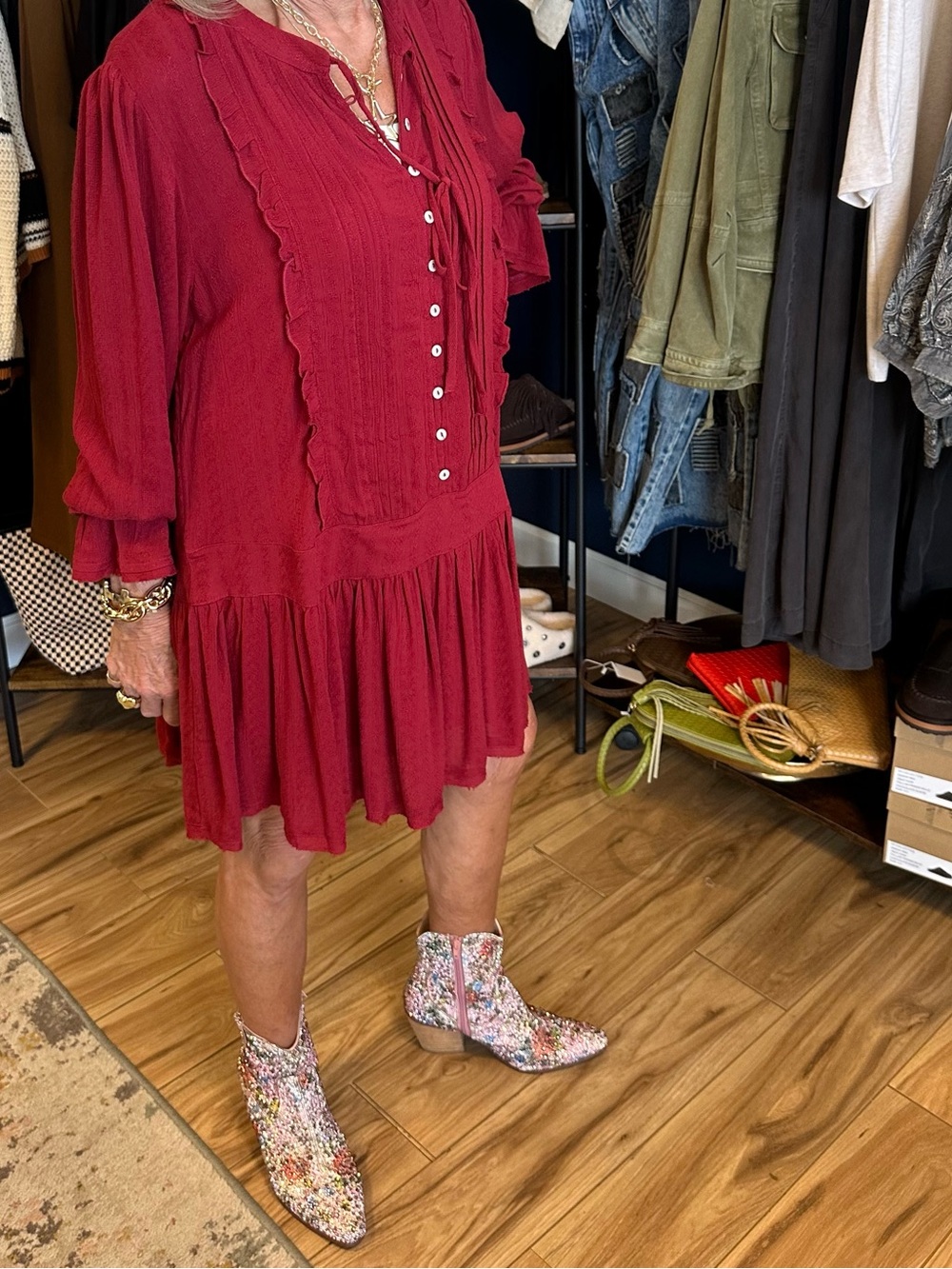 Free People Burgundy Button-Front Ruffle Mini Dress